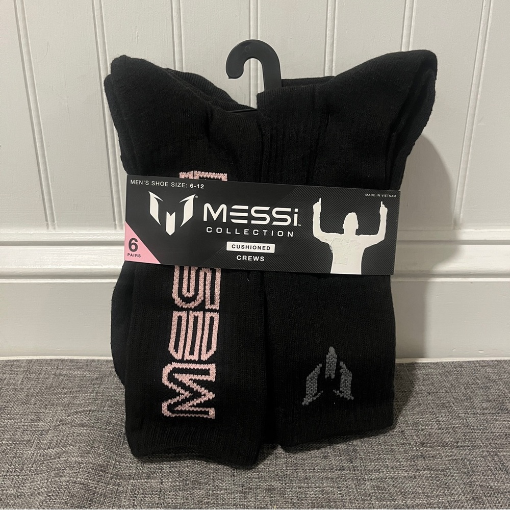 MESSI Collection Mens Cushioned Crew Socks Sz 6-12 Set of 6 Black NEW
